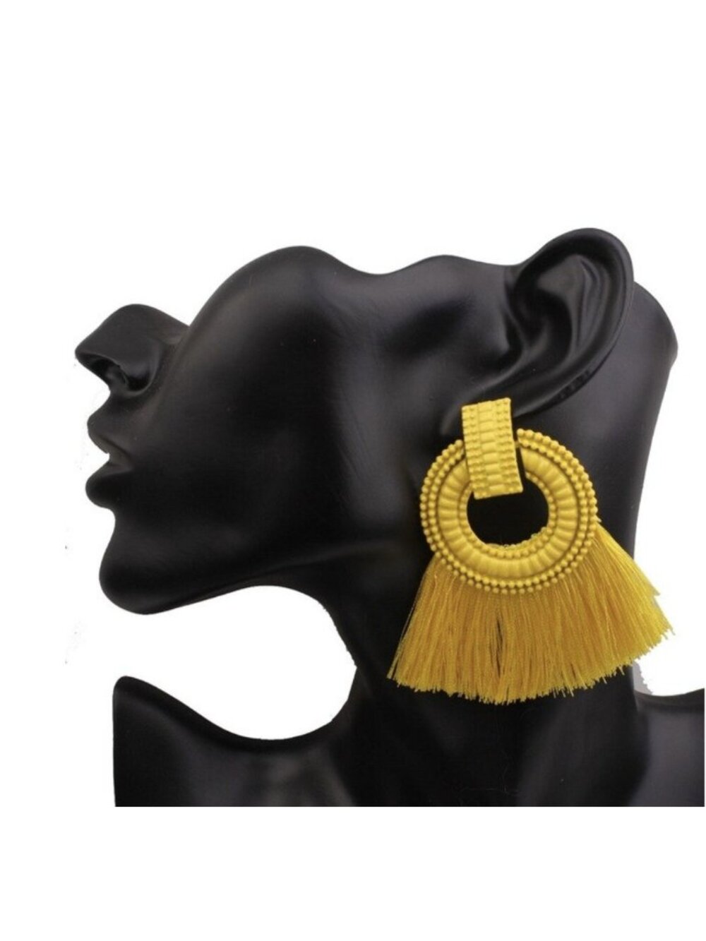 Beaded Yellow Tassel Round Drop Statement Earrings